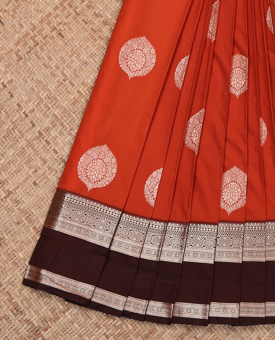 Orange Budget Silk Saree, Crafted with Zari Buttas, Complemented by Contrast Traditional Rettai Pettu Border, Grand Pallu and a Contrast Blouse