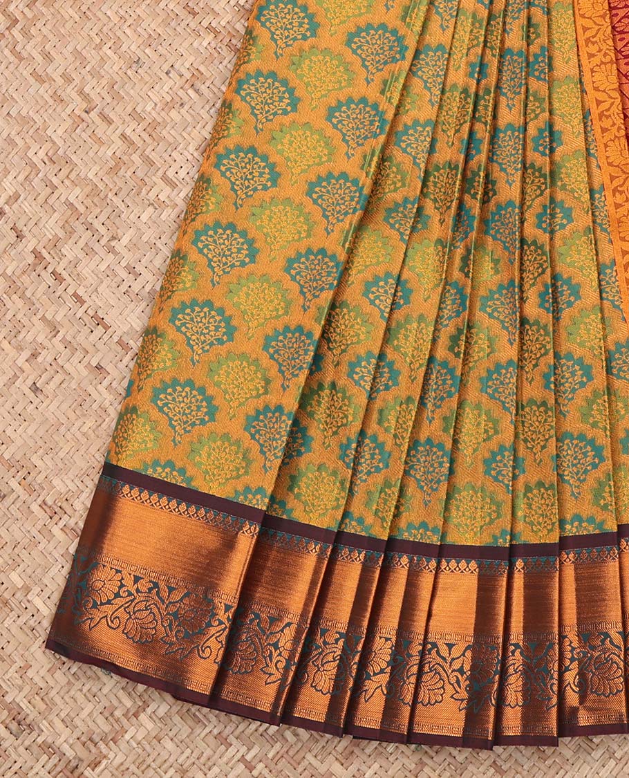 Yellow Budget Silk Saree, Spotlighted with Jacquard Design, Complemented by a Contrast Traditional Zari Border, Grand Pallu, and a Contrast Blouse