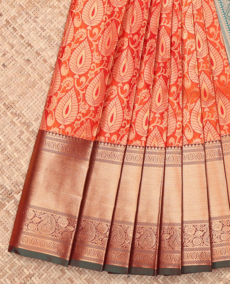 Orange Budget Silk Saree, Gleamed Up with Jacquard Design, Complemented by a Contrast Traditional Zari Border, Jaal Pallu, and Contrast Blouse