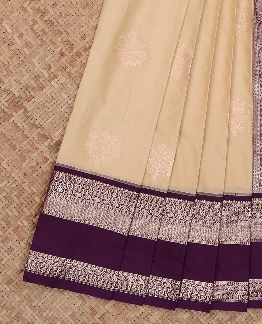 Sandal Budget Silk Saree, Sparsely Woven with Zari Buttas, Complemented by a Contrast Traditional Zari Rettai Pettu Border, Grand Pallu, and a Contrast Blouse