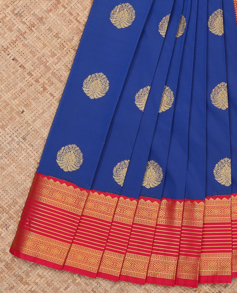 Blue Budget Silk Saree, Graced with Zari Buttas and Stripes, Complemented by a Contrast Traditional Zari Border, Grand Pallu, and Contrast Blouse