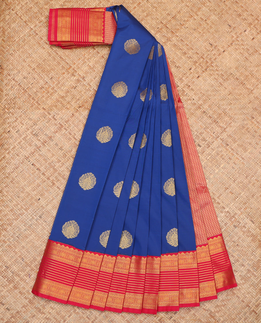 Blue Budget Silk Saree, Graced with Zari Buttas and Stripes, Complemented by a Contrast Traditional Zari Border, Grand Pallu, and Contrast Blouse