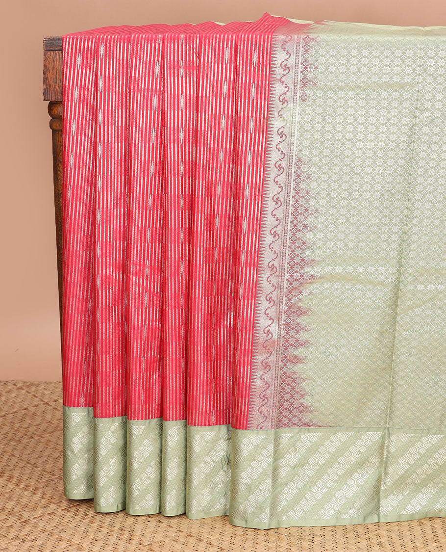 Red geoemetric design gift saree with contrast striped floral design border & ogee design pallu