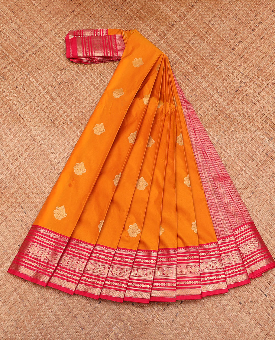 Orange Budget Silk Saree, Mesmerized with Zari Buttas, Complemented by a Contrast Traditional Zari Border, Geometric Pallu, and a Contrast Blouse