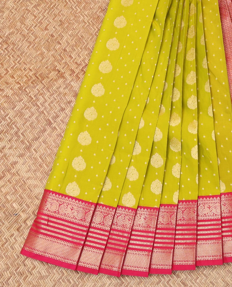 Green Budget Silk Saree, Highlighted by Zari Buttas, Complemented by Contrast Traditional Zari Border, a Grand Jaal Pallu and a Contrast Blouse