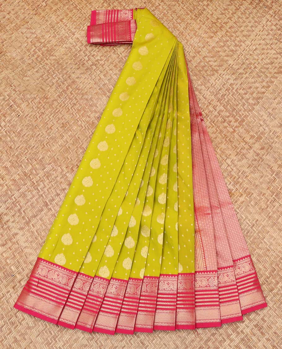 Green Budget Silk Saree, Highlighted by Zari Buttas, Complemented by Contrast Traditional Zari Border, a Grand Jaal Pallu and a Contrast Blouse