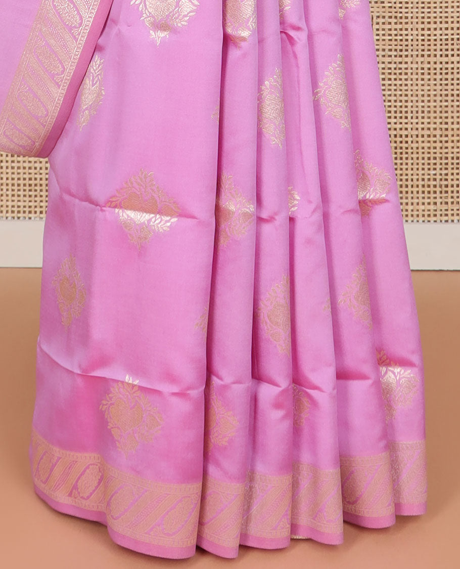 Baby pink flower motifs butter silk saree with self zari design border & floral design pallu