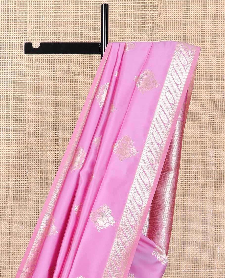 Baby pink flower motifs butter silk saree with self zari design border & floral design pallu