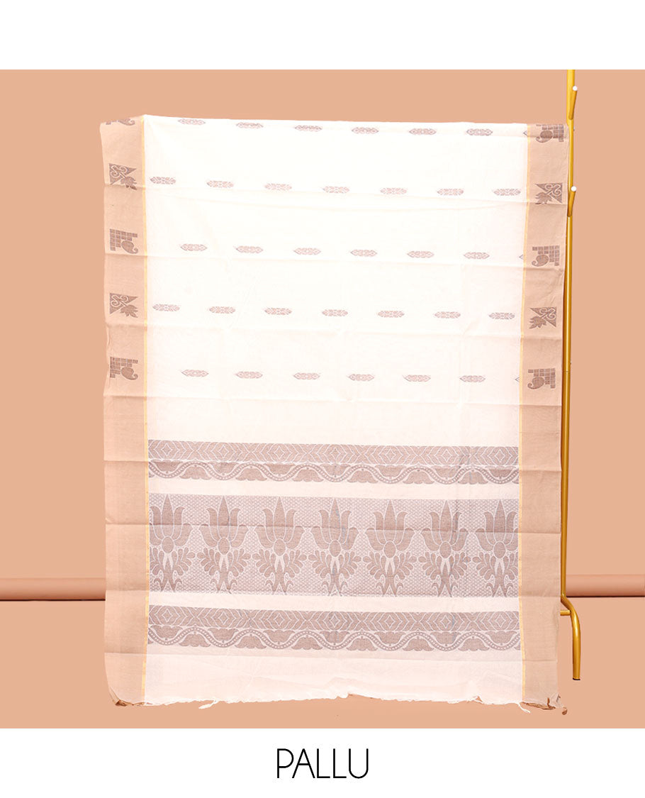 Cream Kanchi Cotton Saree, Woven with Buttas, Complemented by a Contrast Border, Pallu of Floral Design, and a Matching Blouse