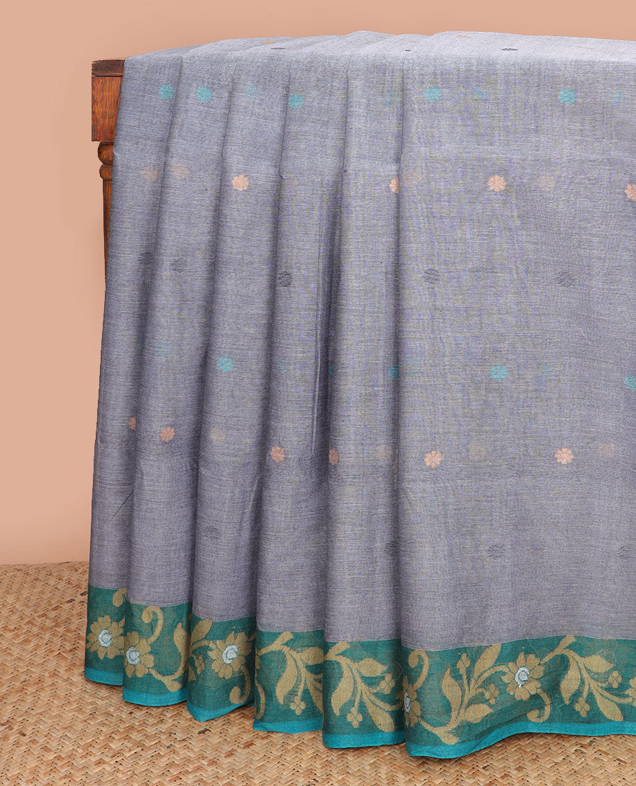 Dark grey floral motifs bengal cotton saree with contrast floral design border & striped, pallu