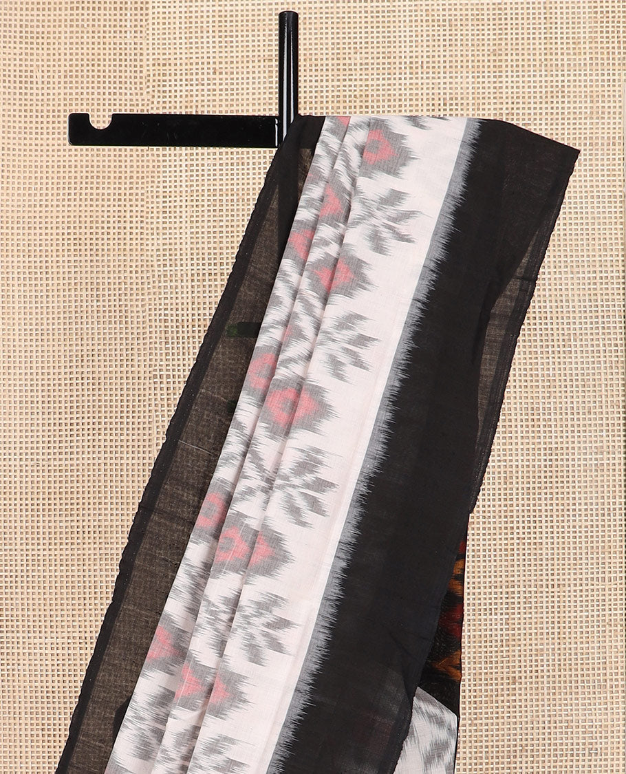 Half-white geometric design Pochampally ikkat saree, contrast plain black border, and ikkat design pallu