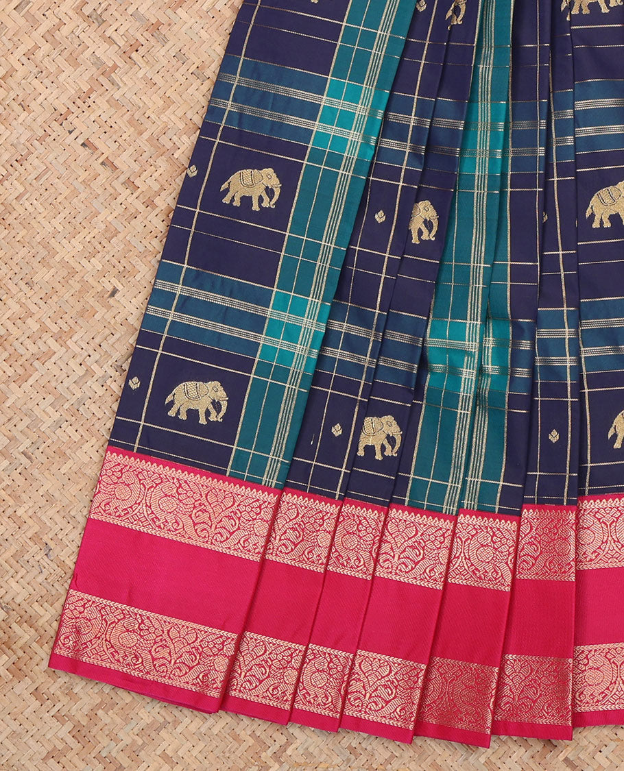 Navy-Peacock Green Checked Budget Silksaree Features Elephant Motifs, Contrast Rettaipettu Border, Contrast Blouse