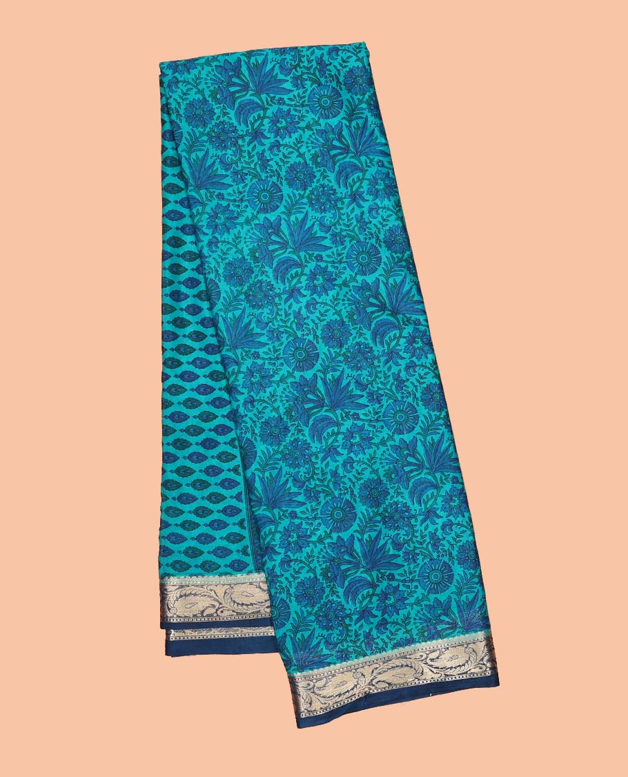 Blue paisley vine semi-banaras printed saree, contrast paisleys border & intricate pallu
