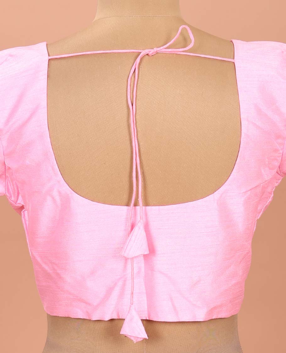 Baby Pink Plain Readymade Blouse Featuring a Front Round-Neck, Back Round-Neck, and Elbow Sleeves