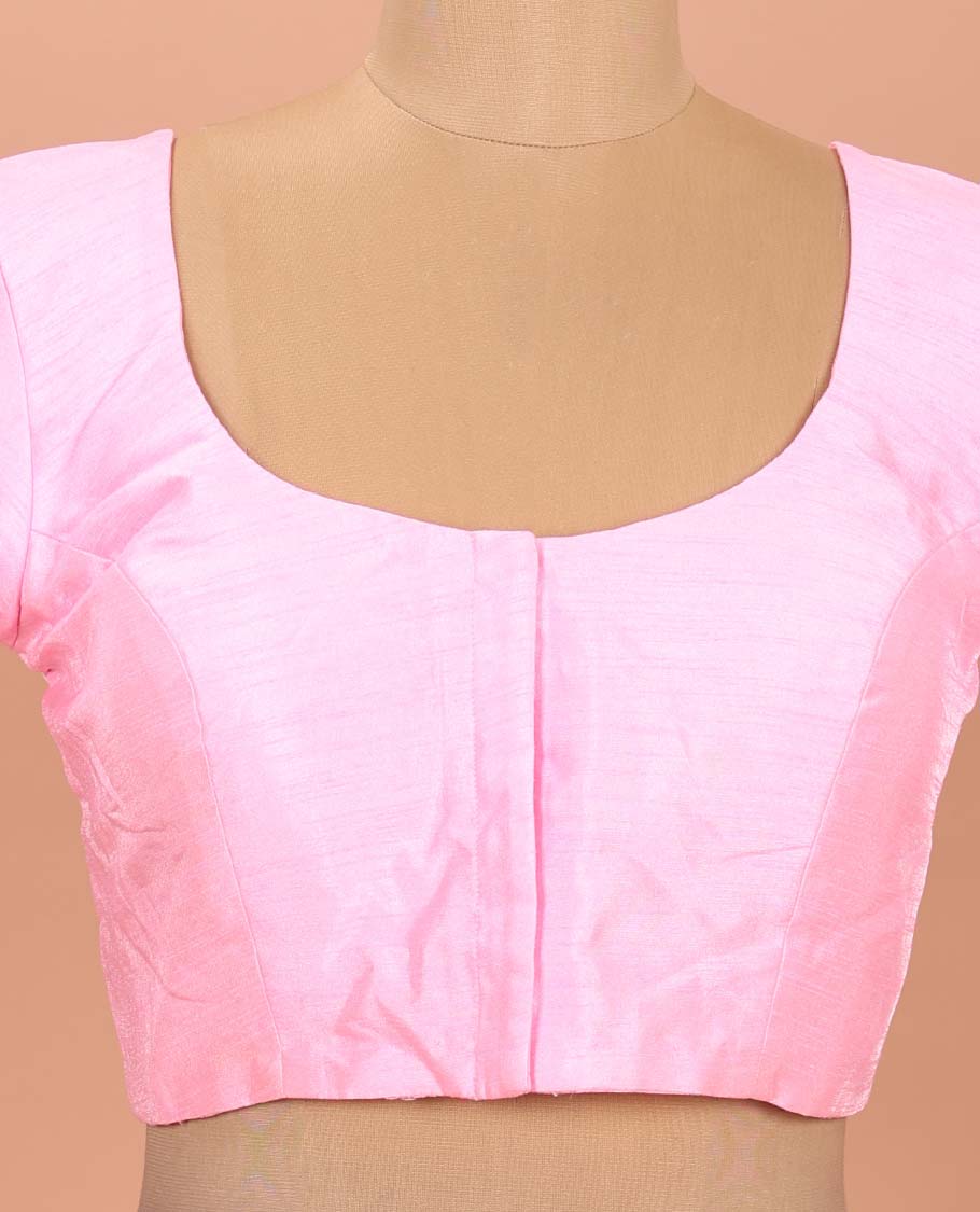 Baby Pink Plain Readymade Blouse Featuring a Front Round-Neck, Back Round-Neck, and Elbow Sleeves