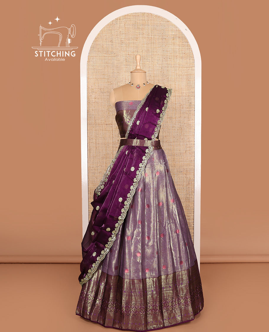 Violet art silk half-saree, buttas with contrast traditional zari big bordered skirt, matching blouse, and contrast scallop embroidered dhavani