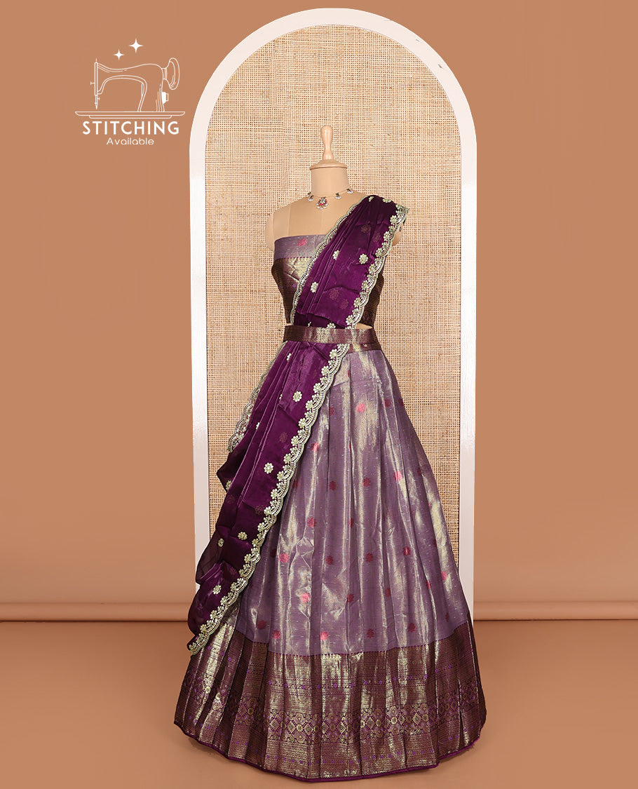 Violet art silk half-saree, buttas with contrast traditional zari big bordered skirt, matching blouse, and contrast scallop embroidered dhavani