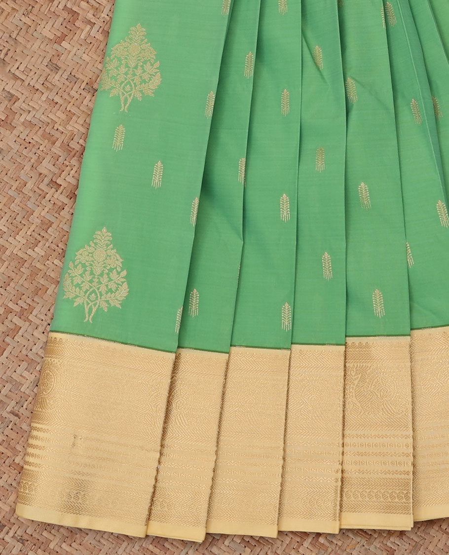 Pista Green Budget Silk Saree, Bedecked with Zari Buttas, a Contrast Traditional Zari Border, Grand Pallu, and a Contrast Blouse