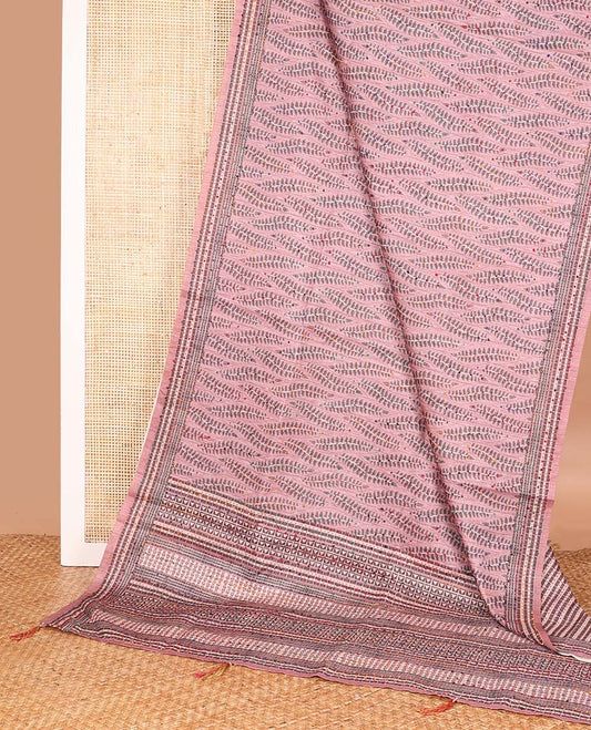 Pink leaf motifs printed and colorful French knot embroidered chanderi cotton saree, self-border and pallu of geometric print with French knots
