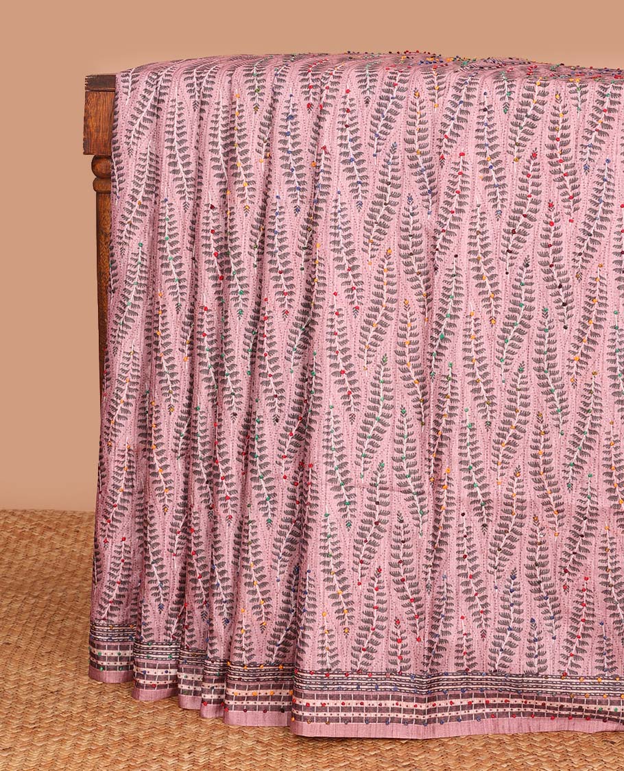 Pink leaf motifs printed and colorful French knot embroidered chanderi cotton saree, self-border and pallu of geometric print with French knots