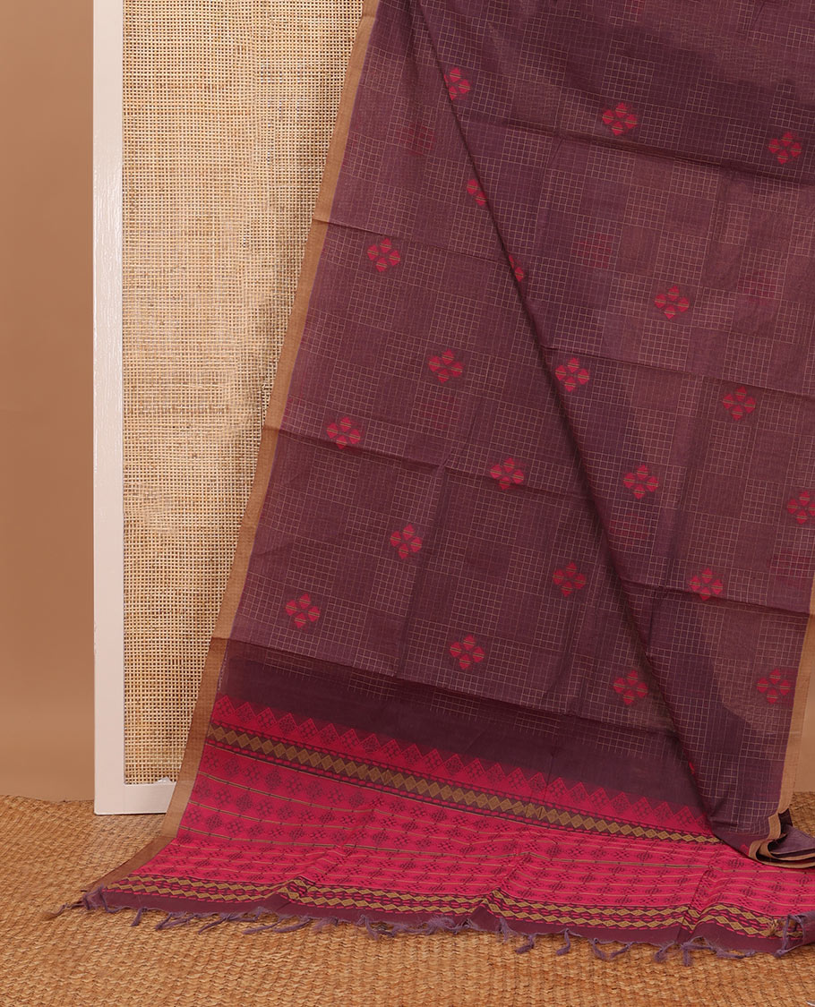 Brown checks & buttas Coimbatore cotton saree, contrast plain border & pallu of intricate designs
