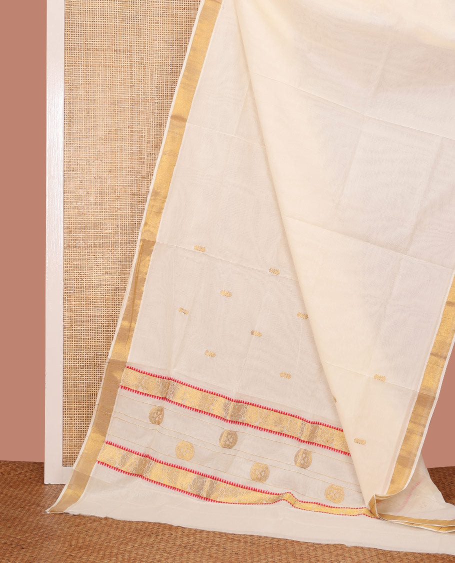 Cream Kerala Saree, Enriched with Zari Buttas on Its Body, Bavanji Zari Border, Sparkling Zari Woven Pallu of Flower Designs, and Paired with a Matching Blouse