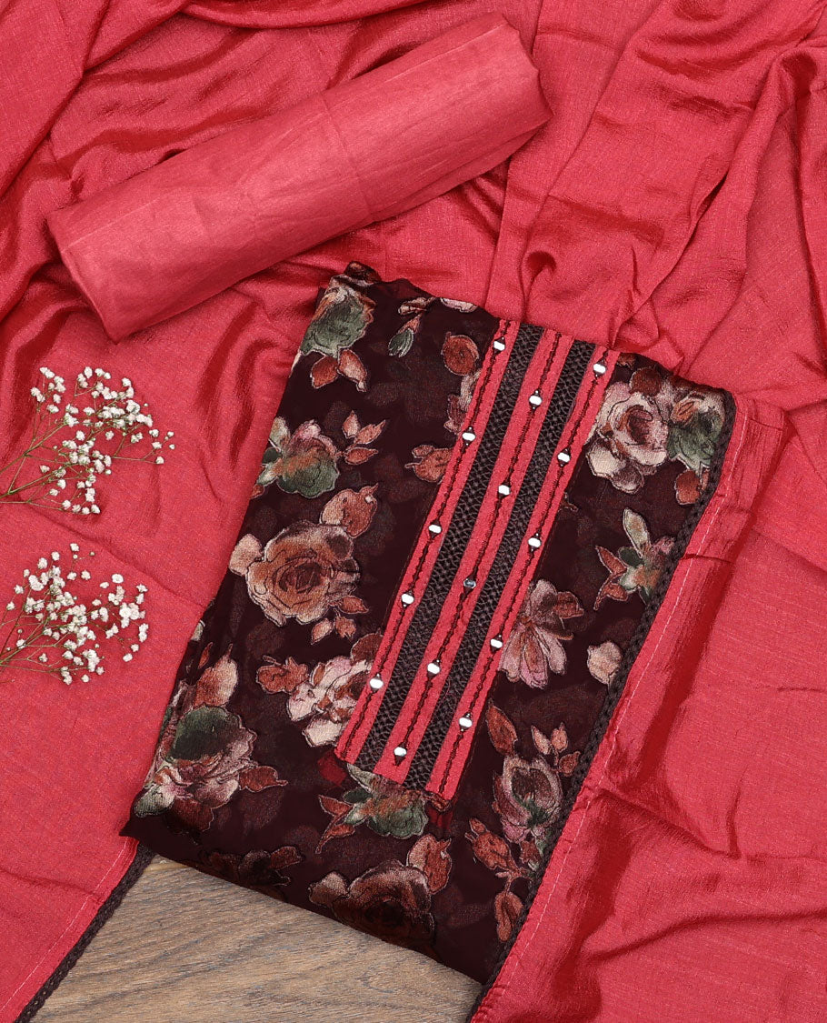 Brown material chudidar set, floral print with mirror neck embroidered top, contrast bottom and plain dupatta