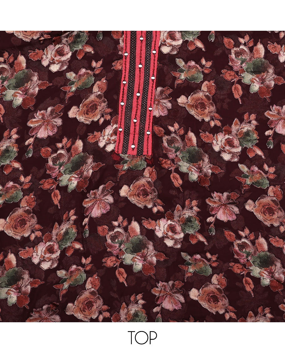 Brown material chudidar set, floral print with mirror neck embroidered top, contrast bottom and plain dupatta