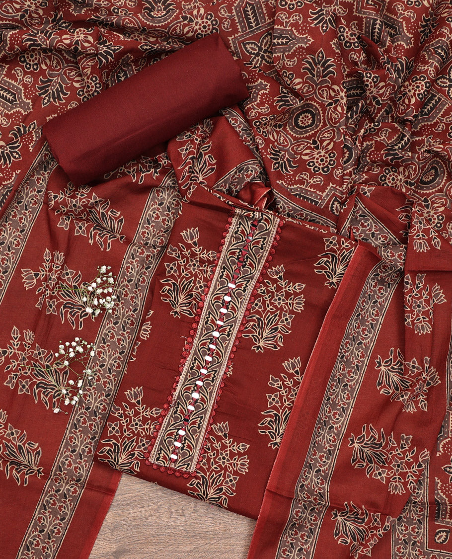 Maroon Material Chudidar Set, Elevated with Floral Printed Cotton Top, a Plain Cotton Bottom, and Paired with a Ajrakh Printed Cotton Dupatta