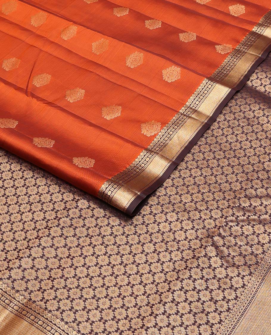 Orange zari stripes & buttas Vasundhara silk mix saree, contrast traditional zari design border & flower motifs steeped pallu
