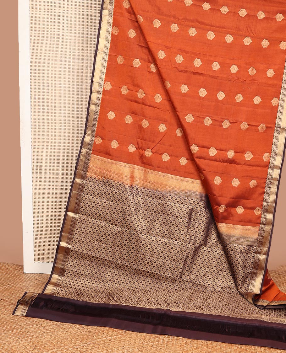 Orange zari stripes & buttas Vasundhara silk mix saree, contrast traditional zari design border & flower motifs steeped pallu
