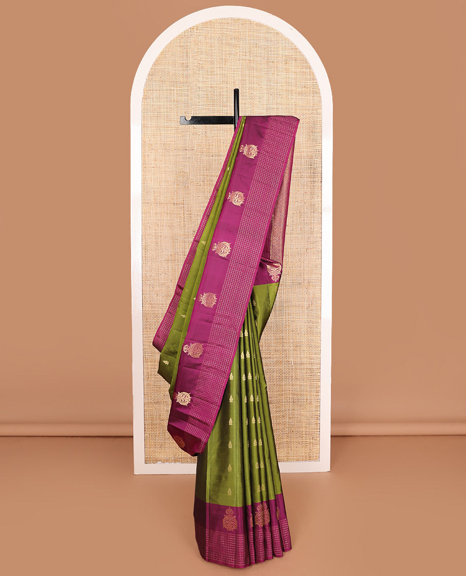 Green zari buttas Vasundhara silk mix saree, contrast zari border and pallu of jaal pallu