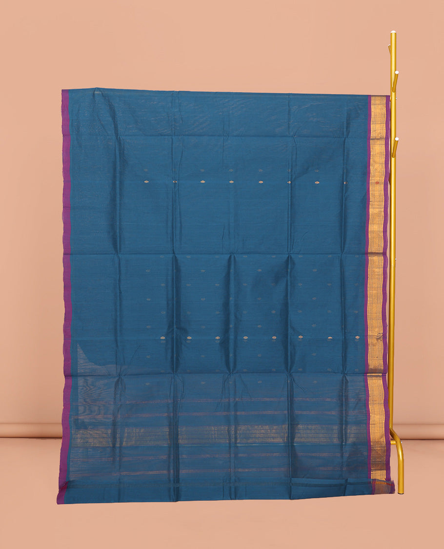 Blue Venkatagiri Cotton Saree, Elevated with Buttas, a Contrast Zari-Thread Border, Pallu of Stripes, and No Blouse