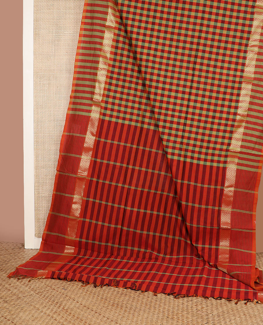 Multi-color checked design poly cotton saree, traditional zari border of stripes & striped pallu