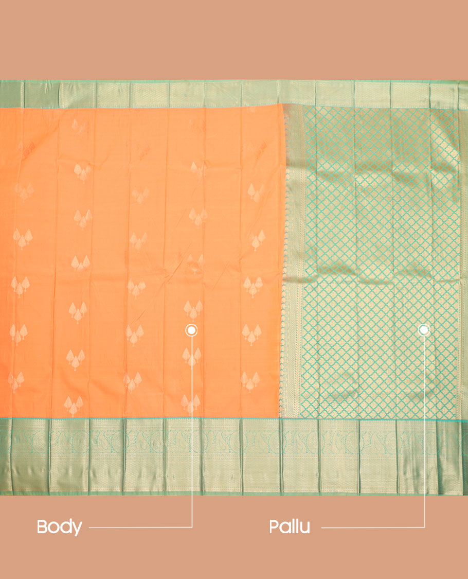 Orange Budget Silk Saree, Mesmerized with Buttas All Over Its Body, Complemented by a Contrast Traditional Zari Design Border, Pallu of Jaal Designs, and Paired with a Contrast Blouse