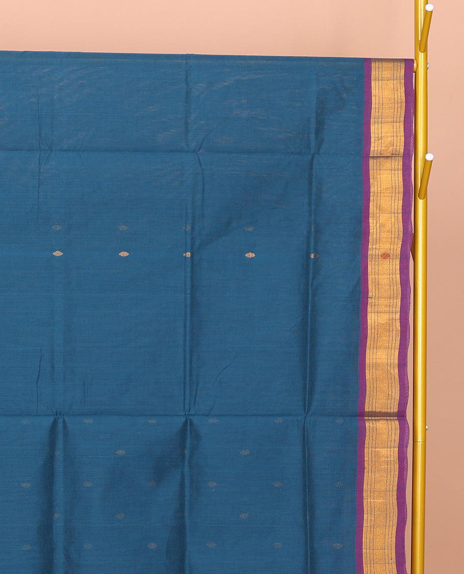Blue Venkatagiri Cotton Saree, Elevated with Buttas, a Contrast Zari-Thread Border, Pallu of Stripes, and No Blouse