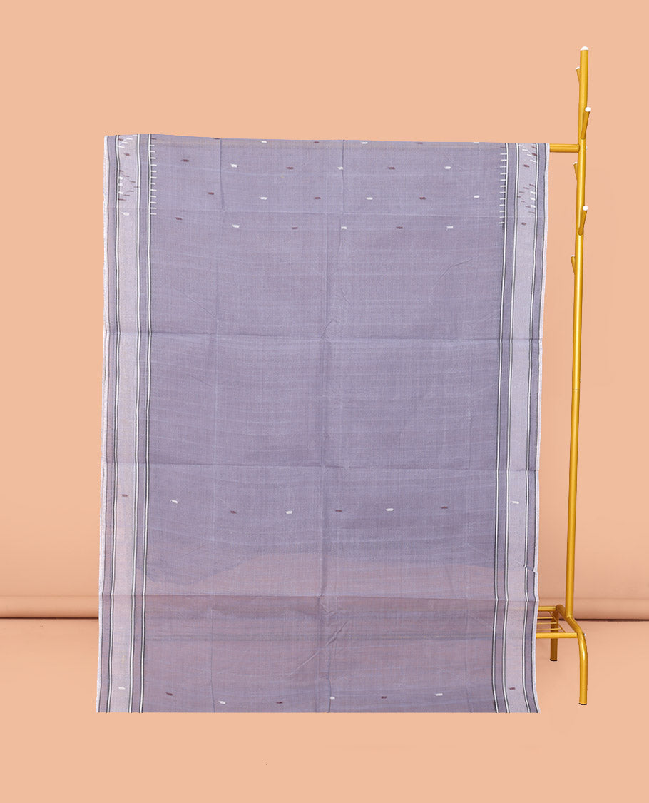 Grey Bengal Cotton Saree, Featuring Thread Buttas, a Subtle Border, Pallu of Stripes and Buttas, and a Matching Blouse