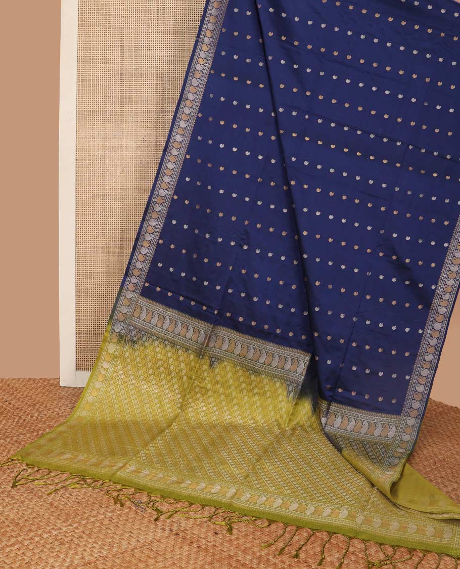 Blue paisely motifs soft silk saree with self zari design border & floral design pallu