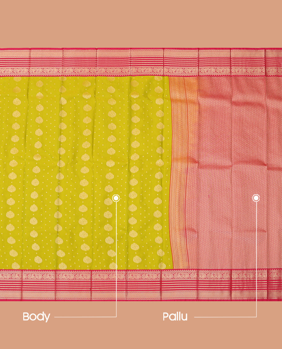 Green Budget Silk Saree, Highlighted by Zari Buttas, Complemented by Contrast Traditional Zari Border, a Grand Jaal Pallu and a Contrast Blouse