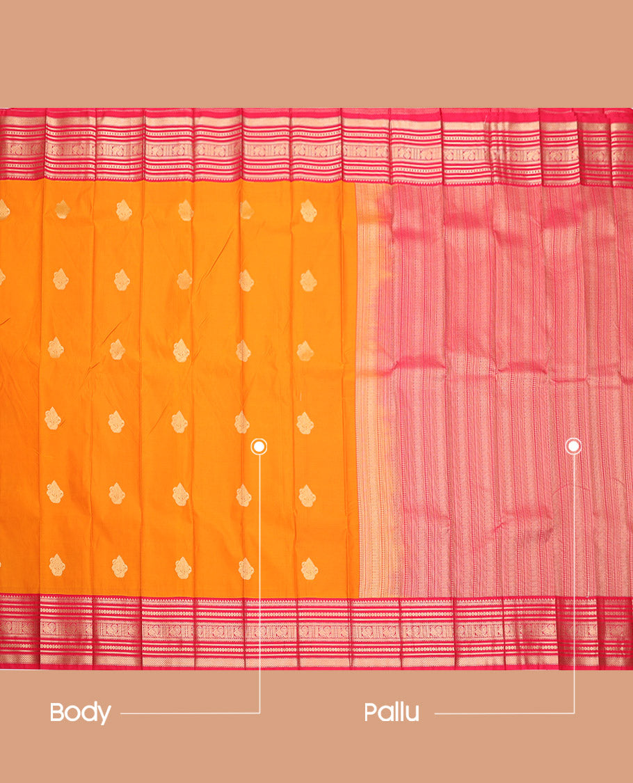 Orange Budget Silk Saree, Mesmerized with Zari Buttas, Complemented by a Contrast Traditional Zari Border, Geometric Pallu, and a Contrast Blouse