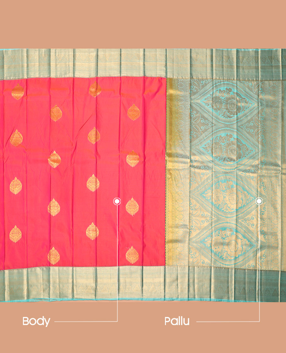 Pink Budget Silk Saree, Detailed with Zari Buttas, Complemented by Contrast Traditional Zari Border, a Grand Pallu and a Contrast Blouse