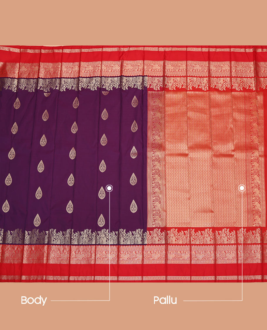Purple Budget Silk Saree, Artfully Detailed with Zari Buttas on Its Body, Complemented by a Contrast Traditional Zari Designs Woven Rettai Pettu Border, Grand Pallu of Jaal Designs, and Paired with a Contrast Blouse