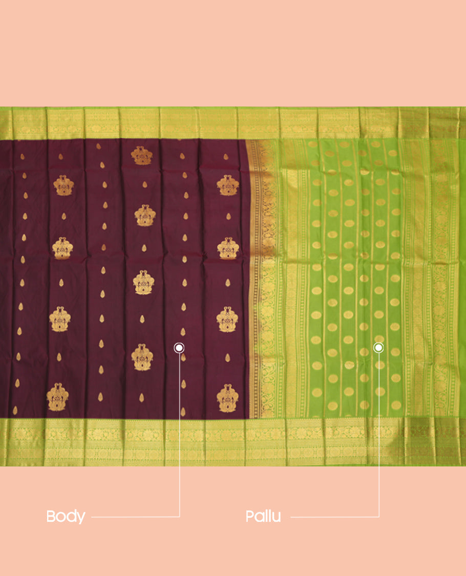 Wine Budget Silk Saree, Featuring Zari Buttas, Complemented by Contrast Traditional Zari Border, a Grand Pallu and a Contrast Blouse