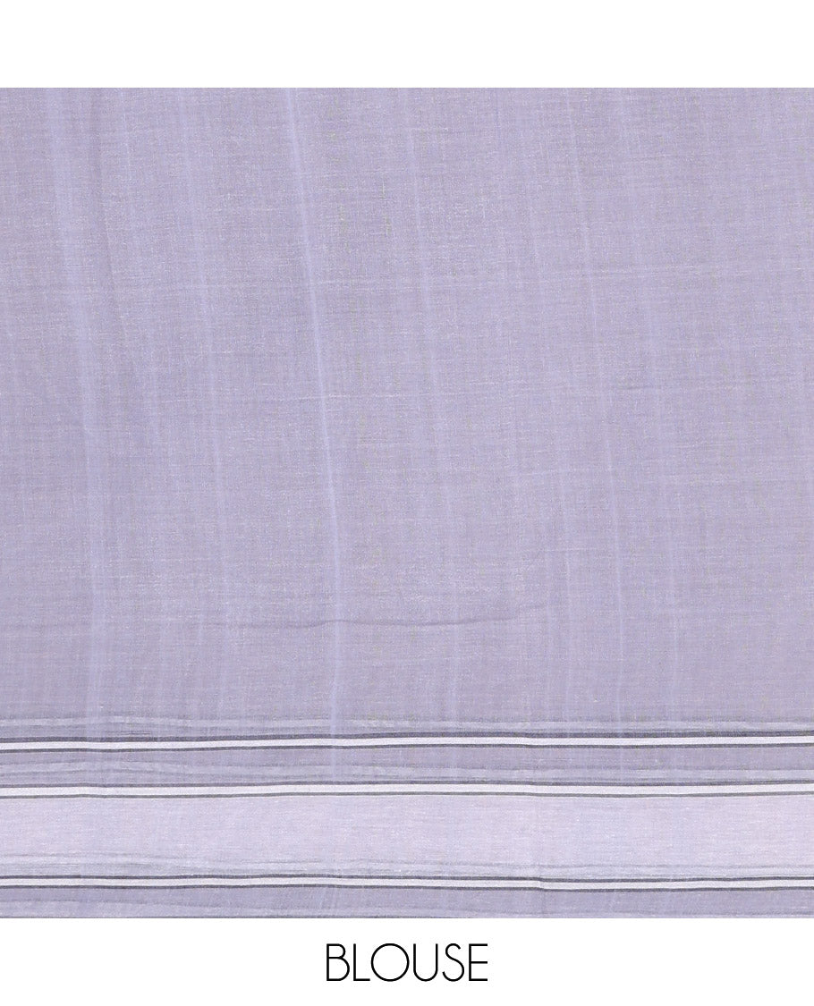 Grey Bengal Cotton Saree, Featuring Thread Buttas, a Subtle Border, Pallu of Stripes and Buttas, and a Matching Blouse