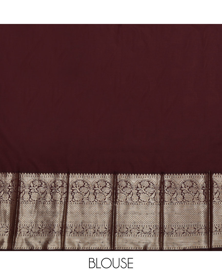 Rust Budget Silk Saree, Ornamented with Zari Buttas and Zari Stripes on Its Body, Complemented by a Contrast Traditional Zari Design Border, Pallu of Paisley and Chevron Stripes, and Paired with a Contrast Blouse