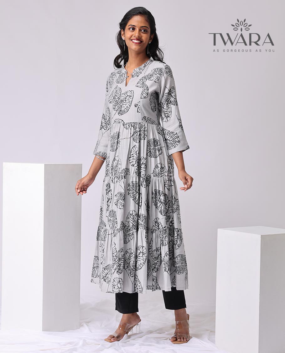 Twara Grey leaf printed v neck, 3/4 th sleeve , below knee lenght kurti