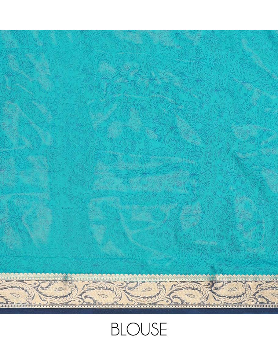 Blue paisley vine semi-banaras printed saree, contrast paisleys border & intricate pallu