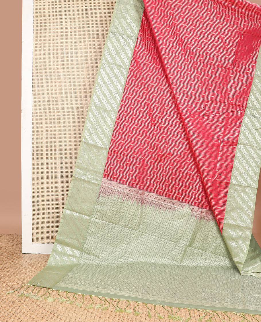 Red geoemetric design gift saree with contrast striped floral design border & ogee design pallu