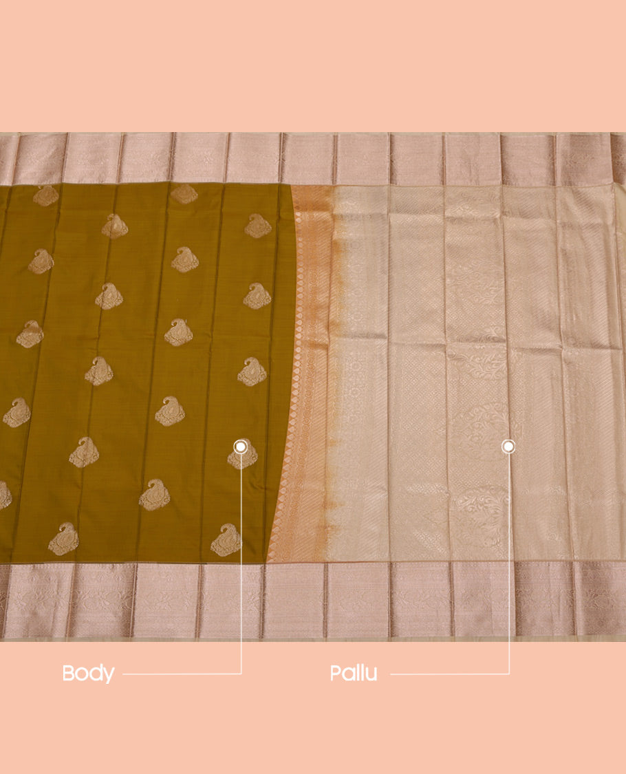 Mustard Budget Silk Saree, Adorned with Zari Buttas All Over Its Body, Complemented by a Contrast Traditional Zari Design Border, Intricate Pallu, and Paired with a Contrast Blouse