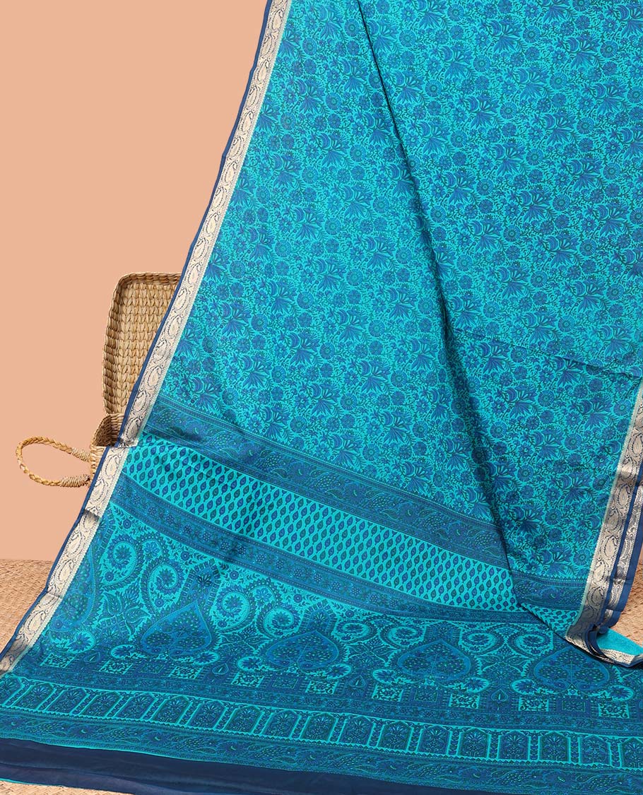 Blue paisley vine semi-banaras printed saree, contrast paisleys border & intricate pallu
